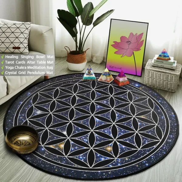 Tapis rond - Fleur de vie - Bleu pailleté - Méditation- Reiki