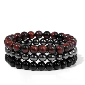 Bracelets- lot de 3- Pierres semi précieuses- Onyx- Hématite- Œil de Tigre