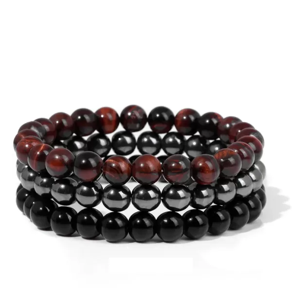Bracelets- lot de 3- Pierres semi précieuses- Onyx- Hématite- Œil de Tigre
